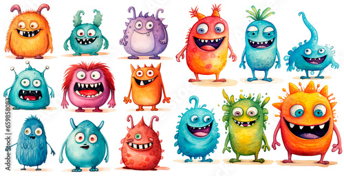 Set of watercolor cartoon funny cute monsters, isolated on transparent background. Cute childish drawing illustration