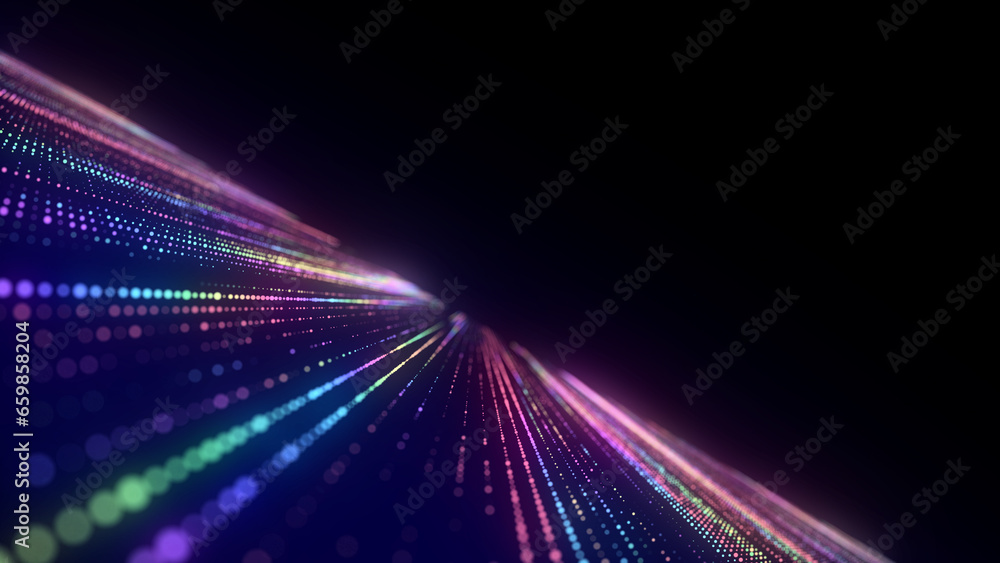 Fototapeta premium Abstract texture with circles. Matrix background. Motion dots in cyberspace. Halftone illustration. Technology background with data algorithms. Hacked security particles pattern. 3D rendering.
