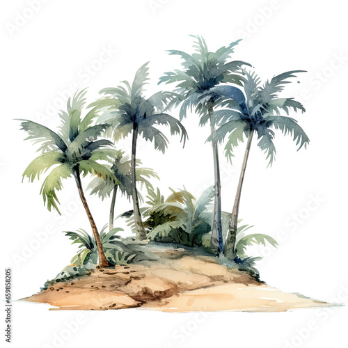 Watercolor cartoon a mini island with palm  isolated on transparent background