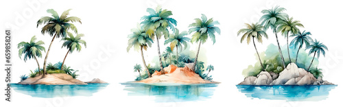 Set of watercolor cartoon a mini island with palm, isolated on transparent background photo