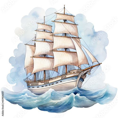 Watercolor cartoon cute a sailing ship on the waves, isolated on transparent background