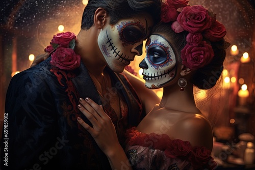Day of Dead Couple, Dia de los Muertos, Mexican Holiday, Skull Face, Beautiful Art, Romantic Love