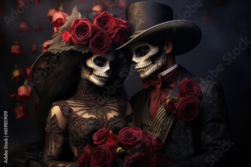 Day of Dead Couple, Dia de los Muertos, Mexican Holiday, Skull Face, Beautiful Art, Romantic Love