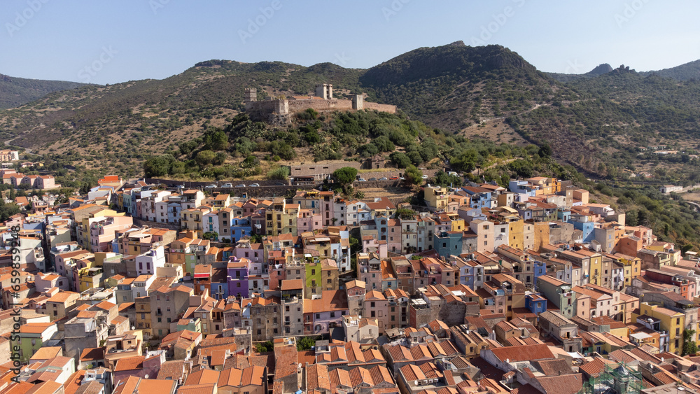 Drone view of Malaspina castle in the town of Bosa on the island of Sardinia in Italy