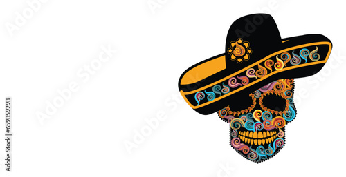 Mexican skull head with sombrero. Day of the dead and Halloween colorful background 