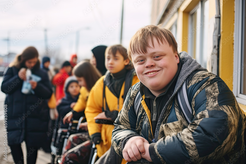 Fototapeta premium One young caucasian teen with down syndrome is smiling on the street against the background of other people. World genetic diseases day and syndrome down concept.