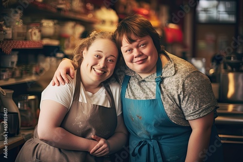One young caucasian woman hugs another woman with Down syndrome. They are dressed in aprons and stand against the background of the kitchen. World genetic diseases day and syndrome down concept.
