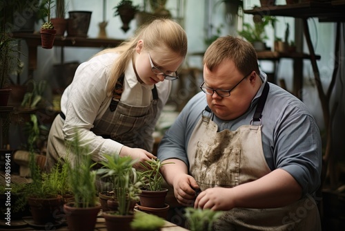 A caucasian woman helps a young caucasian man with down syndrome to work in a greenhouse with green plants. World genetic diseases day and syndrome down concept.