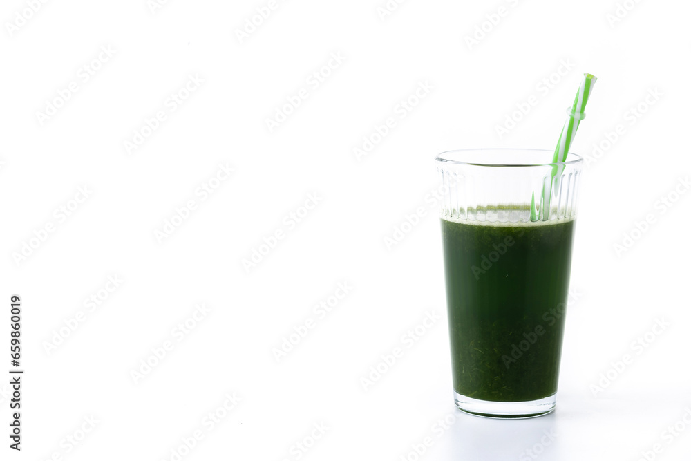 Green smoothie detox with Kale, avocado and apples isolated on white background. Copy space Green smoothie detox with Kale, avocado and apples isolated on white background. Copy space
