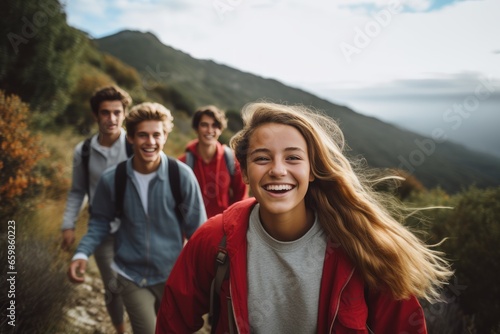 A group of teenagers hiking and enjoying nature, a group of young friends exploring the great outdoors in the mountains, embracing an active lifestyle in nature.