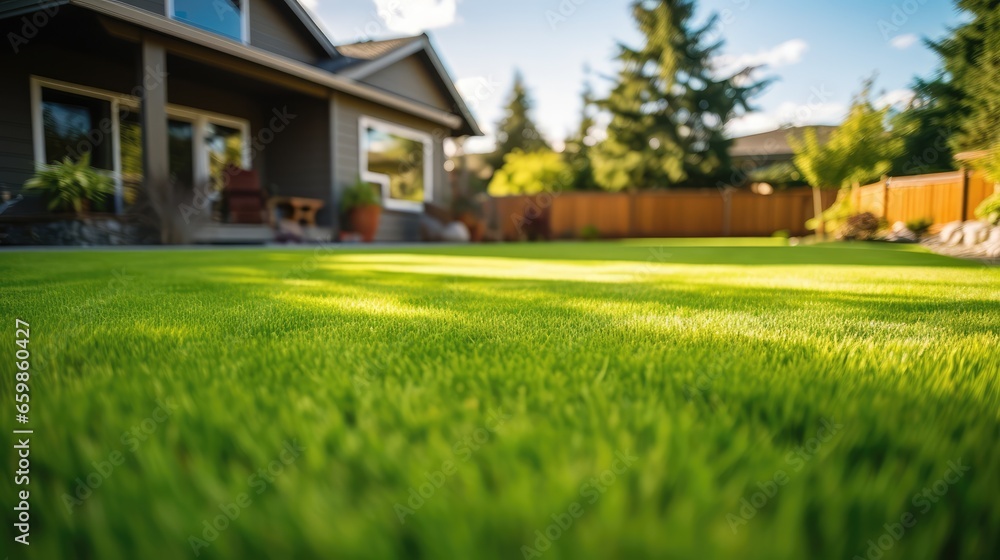 Beautiful view on cute backyard in sunny day, fresh green grass lawn in sunlight, landscaping in the garden, beauty of summer season Beautiful view on cute backyard in sunny day, fresh green grass lawn in sunlight, landscaping in the garden, beauty of summer season