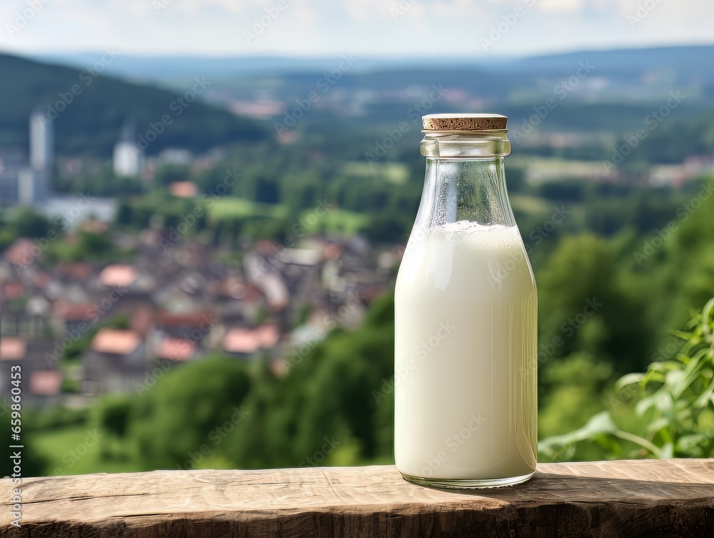 Bottle of homemade village milk against the backdrop of the village. AI Bottle of homemade village milk against the backdrop of the village. AI
