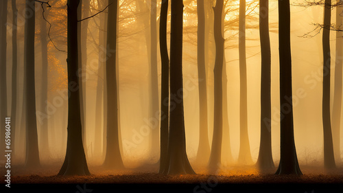autumn forest in morning fog  nature landscape in October  view of a stillness park