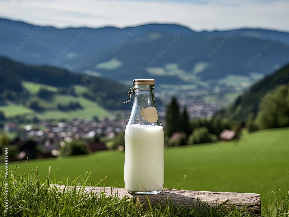 Bottle of homemade village milk against the backdrop of the village. AI Bottle of homemade village milk against the backdrop of the village. AI