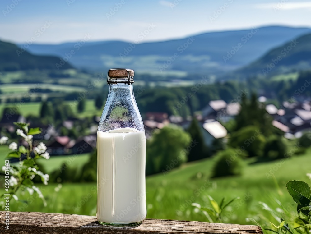 Bottle of homemade village milk against the backdrop of the village. AI Bottle of homemade village milk against the backdrop of the village. AI