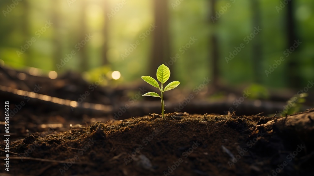 Small green seedling growing in the woods Small green seedling growing in the woods