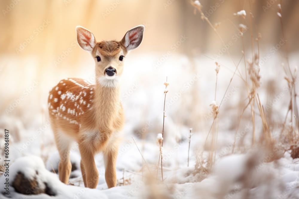 A fawn in the winter forest close-up. Symbol of New Year holidays A fawn in the winter forest close-up. Symbol of New Year holidays