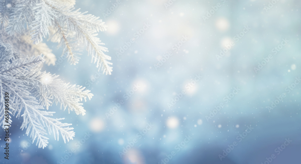 Hermosa imagen de fondo invernal de ramas de abeto cubiertas de escarcha y pequeños copos de nieve pura con espacio para texto. - obrazy, fototapety, plakaty 