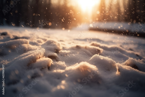 Bosque invernal, pequeños montones de nieve y una ligera nevada al atardecer en la naturaleza. Imagen con bokeh. photo