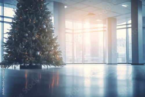 Imagen desenfocada de oficina con árbol de navidad en el hall.