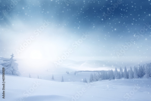 Imagen panorámica de paisaje natural nevado con el sol en el horizonte. © ACG Visual
