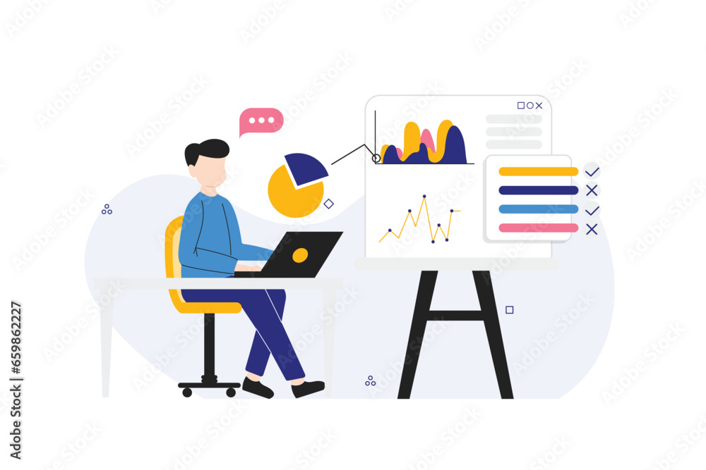 Businessman with laptop analyzing data chart to inform financial report monitoring statistics, online marketing growth and investment business concept illustration