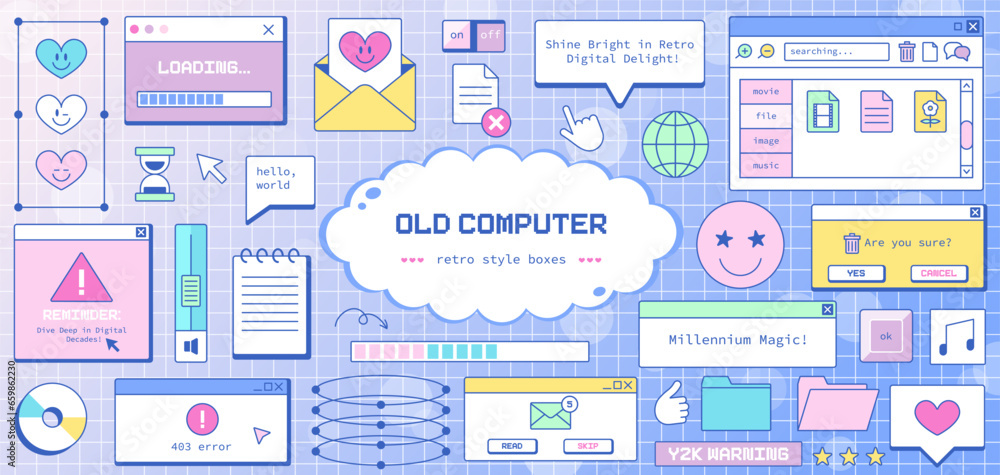 Y2K Computer Elements Collection. Vintage PC Interface with Groovy Colors! Retro Folders, PC Windows, Buttons and UI in Cartoon Design. Perfect for Print Cards, Posters, and Retro Design Concepts.	