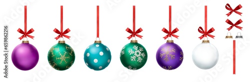 A collection of blue, purple, green and clear Christmas baubles hanging from red ribbon and bow with snowflake glitter patterns on them isolated against a transparent background