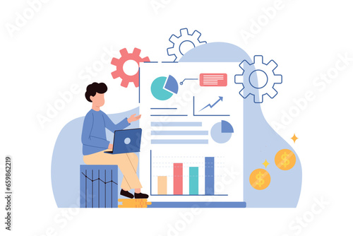 Businessman with laptop analyzing data graphs to inform financial report monitoring statistics and investment business concept illustration