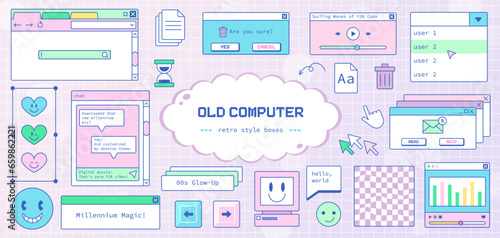 Retro Y2K Digital Interface. Old Computer Desktop Design with Pastel Aesthetic, 90s Computer Graphics, Old-School Icons, and 2000s Nostalgia Elements.