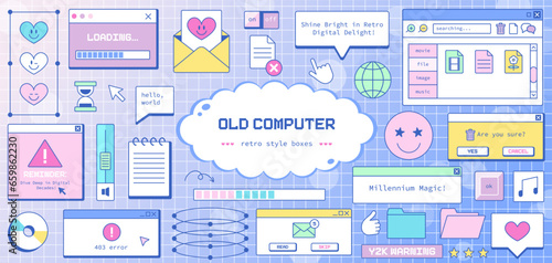 Y2K Computer Elements Collection. Vintage PC Interface with Groovy Colors! Retro Folders, PC Windows, Buttons and UI in Cartoon Design. Perfect for Print Cards, Posters, and Retro Design Concepts.	
