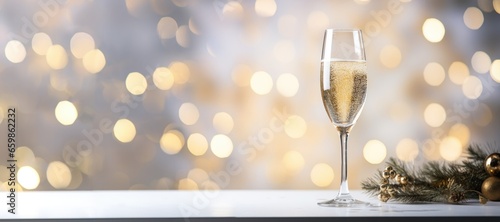 Light banner of festive glass of champagne on bokeh background