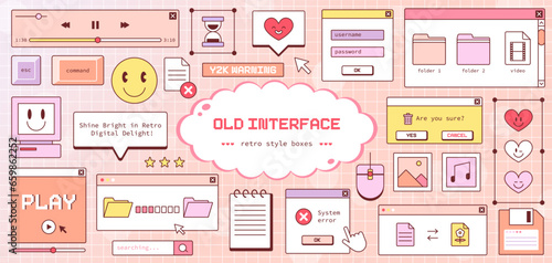 Mega Collection Pack of Y2K Old PC Computer Elements. Retro Pink Orange Groovy Colors, 90s and 2000s Aesthetics and Vintage Vector UI Interface - forms, windows, frames, cursors, text boxes, folders. © Takoyaki Shop