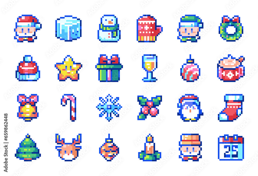 Pixel Art Christmas Icons. 8 bit style stickers of Pixelated Winter Holidays Elements - Santa Claus, Snowman, Mitten, Elf, Star, Santa Hat, Gift, Bells, Candy Cane, Snowflake, Xmas Tree, Reindeer.