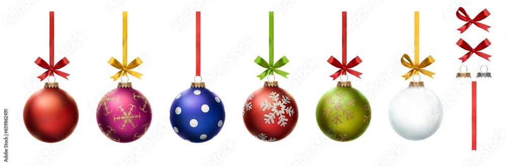 A collection of blue, red, green and clear Christmas baubles hanging from ribbon and bow with snowflake glitter patterns on them isolated against a transparent background - obrazy, fototapety, plakaty 