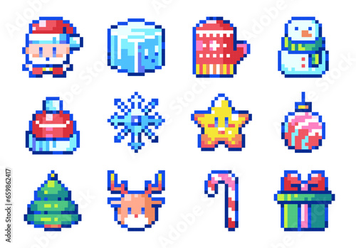 Pixel Art Retro Christmas Set. 8bit retro style vintage Santa Claus, Ice Cube Character, Mitten, Snowman, Santa Hat, Snowflake, Star, Decoration Toy, Tree, Deer, Candy Cane, Gift Box.