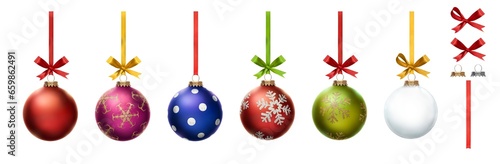 Obraz na płótnie A collection of blue, red, green and clear Christmas baubles hanging from ribbon and bow with snowflake glitter patterns on them isolated against a transparent background w salonie
