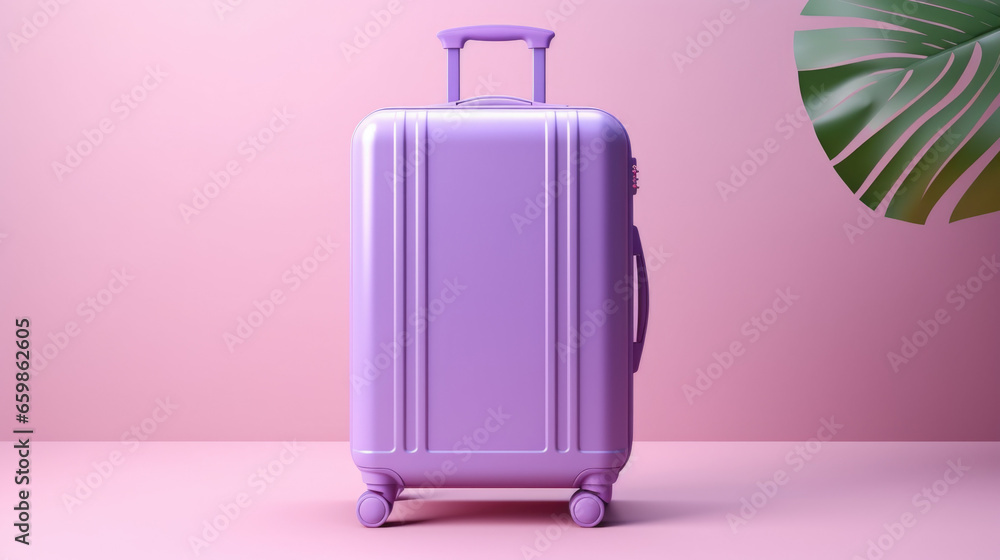 Violet suitcase on pastel violet background. Violet suitcase on pastel violet background.