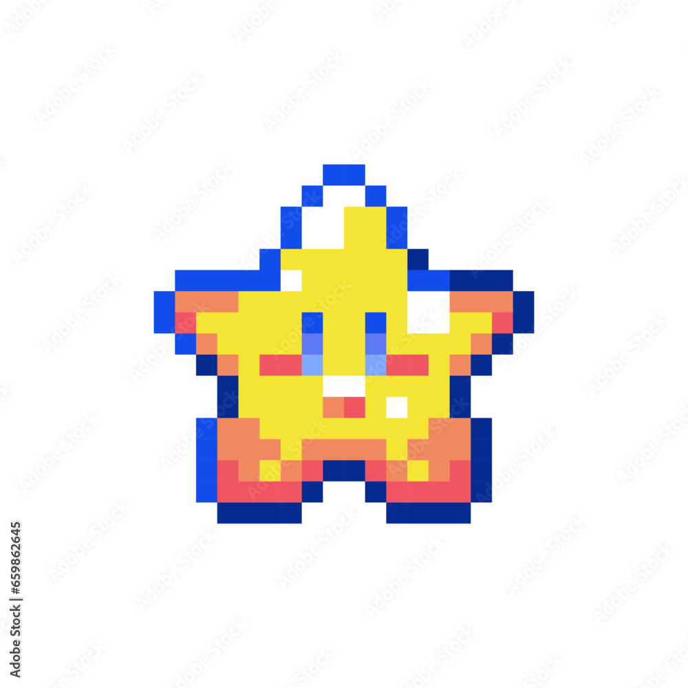 Fototapeta premium Pixel Art Cute Star. Retro 8 bit Style Game Symbol Illustration. Ideal for Sticker, Retro Decorative Element, Game Asset, Emoji, Patch or Cute Geek Avatar. 