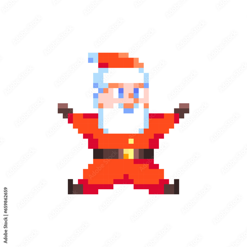 Pixel Art Cute Santa Claus. Retro 8 bit Style Merry Christmas and Happy New Year Winter Holidays Illustration. Ideal for Sticker, Retro Decorative Element, Game Asset, Emoji, Patch or Geek Avatar. Pixel Art Cute Santa Claus. Retro 8 bit Style Merry Christmas and Happy New Year Winter Holidays Illustration. Ideal for Sticker, Retro Decorative Element, Game Asset, Emoji, Patch or Geek Avatar.