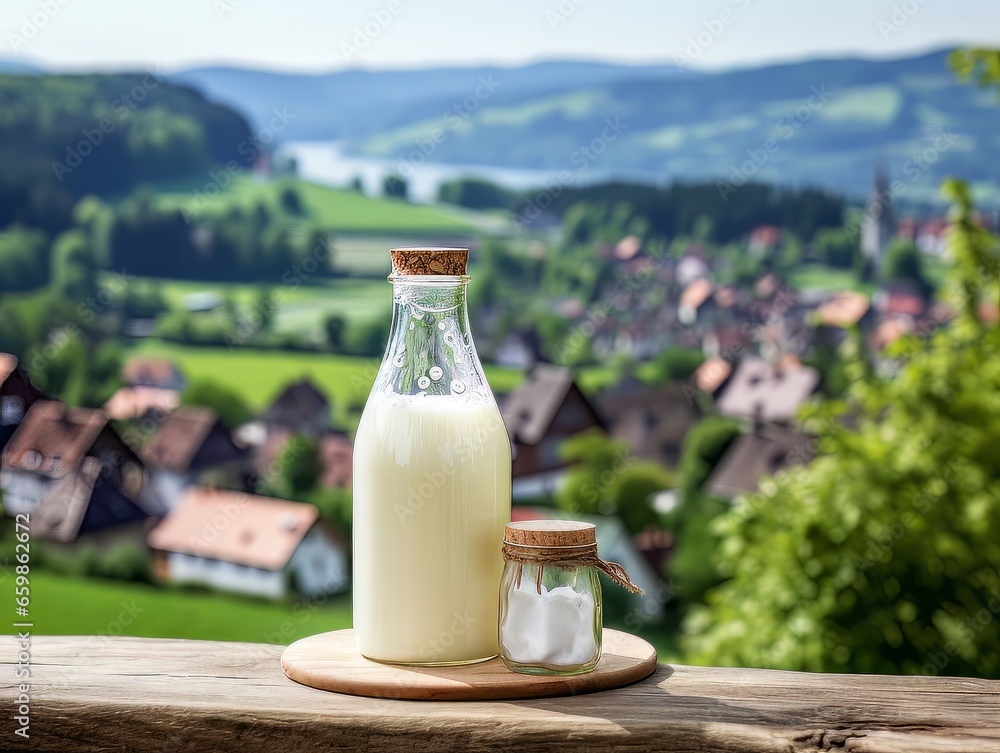 Bottle of homemade village milk against the backdrop of the village. AI Bottle of homemade village milk against the backdrop of the village. AI