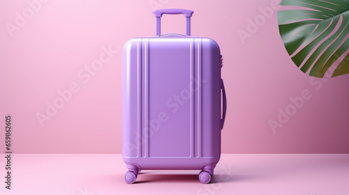 Violet suitcase on pastel violet background.
