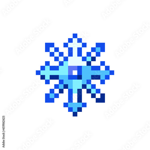 Pixel Art Snowflake Crystal. Retro 8 bit Style Merry Christmas and Happy New Year Winter Holidays Illustration. Ideal for Sticker, Retro Decorative Element, Game Asset, Emoji, Patch or Cute Avatar. 