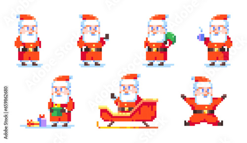 Pixel art Santa Set: Retro 8 bit Christmas Pixelated Character Santa Claus in Different Poses - with gift, on a sleigh, jumps, with cup of chocolate.