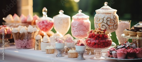 Creamy desserts and sweets on the wedding candy bar