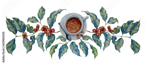 Illustration with coffee leaves and varios items for makiing coffee for wedding invitations, greeting card, poster, decoration, textile. Simple, modern, watercolor wallpaper on light background.
