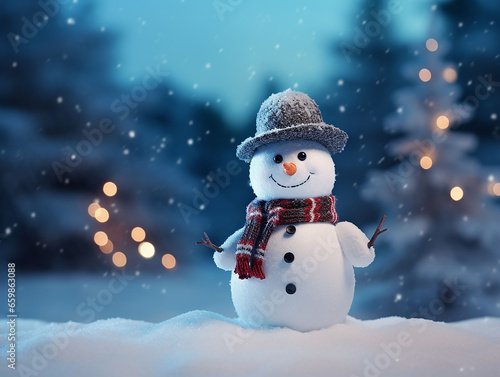 Happy snowman standing in Christmas landscape. Merry Christmas and Happy New Year greeting card © alla.naumenco