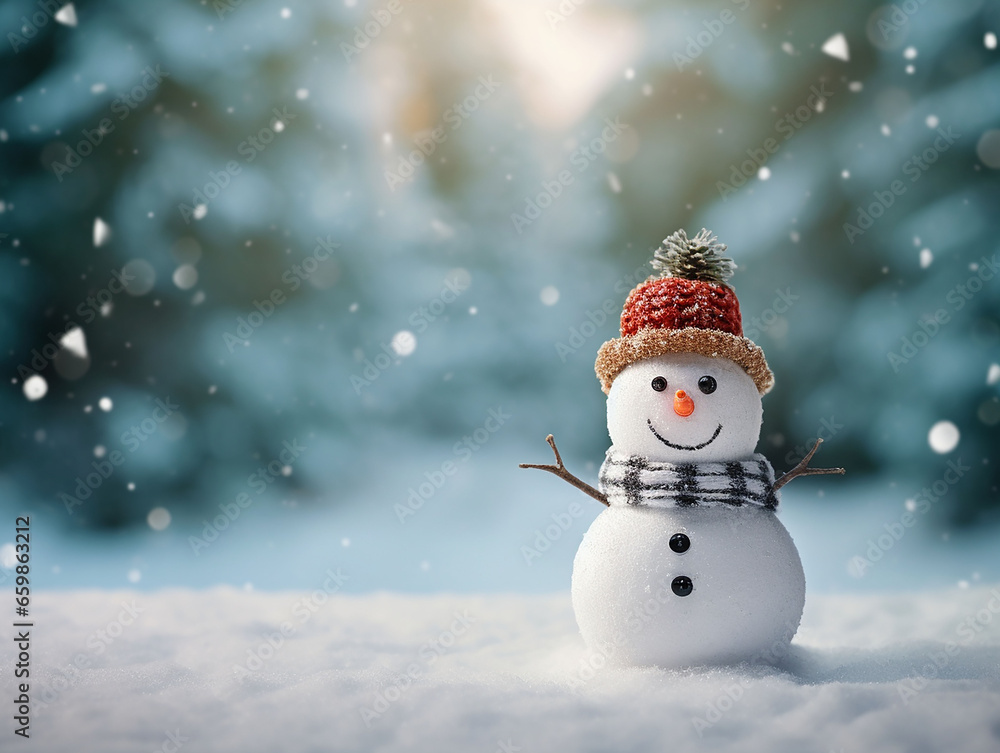 Happy snowman standing in Christmas landscape. copy space