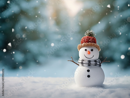 Happy snowman standing in Christmas landscape. copy space