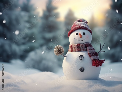 Happy snowman standing in Christmas landscape. copy space